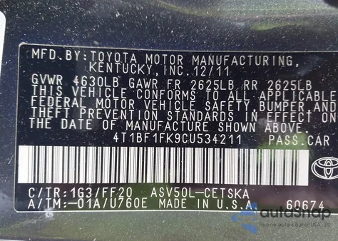 2012 Toyota Camry Se z USA, uszkodzony, nr VIN 4T1BF1FK9CU534211